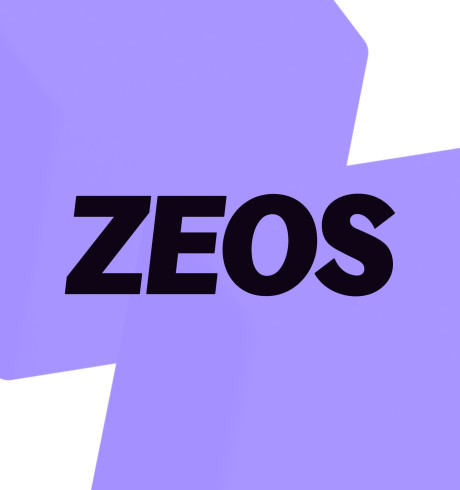 Logo: ZEOS; purple background