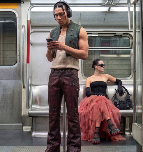 Two people in the underground; a man with headphones is standing up looking at his phone, the woman dressed up in a frilly pink and dark eyeglasses is sitting in the backgroundskirt