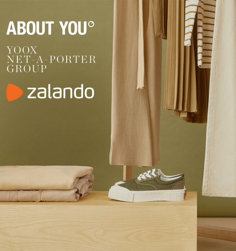 The Logos of Zalando, About you and Net-a-Porter on a background image displaying a wardrobe of all beige garments and a pair of green sneakers