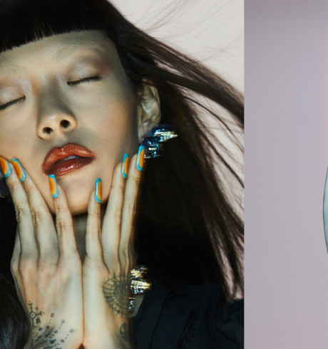 Collage; left: Rina Sawayama in a black outfit and very colorful fingernails; right: Rina Sawayama in a white outfit with a large hat