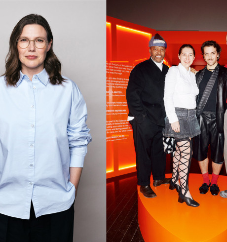 A portrait of Anne Pascual, and a group image of Edward Buchanan, Emma Matell, Giuliano Calza and Herbert Hofmann standing on a Zalando Brandmark-shaped structure