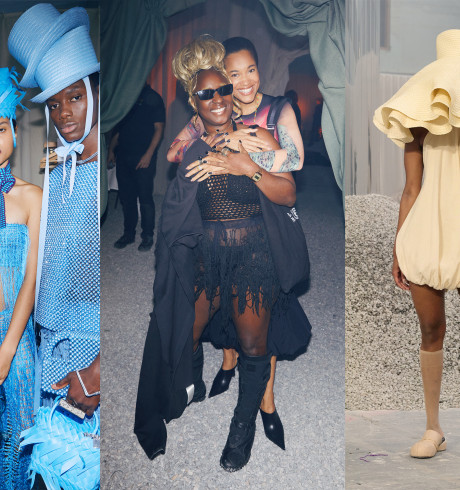 Collage: Two IAMISIGO runway images and Bubu posing for the camera with another woman