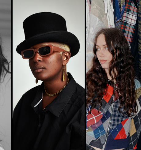 Collage dreier Fotos: 1: Junge Frau in schwarzweiß schaut in die Kamera; 2: eine schwarze Frau mit kurzen blonden Haaren in Sonnenbrille und Zylinder; 3: zwei Frauen mit stark gemusterten Oberteilen stehen vor weiteren hängenden Kleidungsstücken