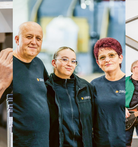 Collage: a logistics employee working, three employees in zalando outfit looking into the camera, a band of three on stage during a concert