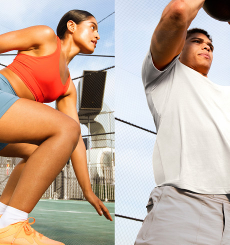 A woman in sportswear on training site; a man in sportswear preparing to throw a ball
