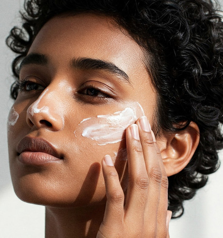 A person using face cream on their cheek and some red and pink make-up.