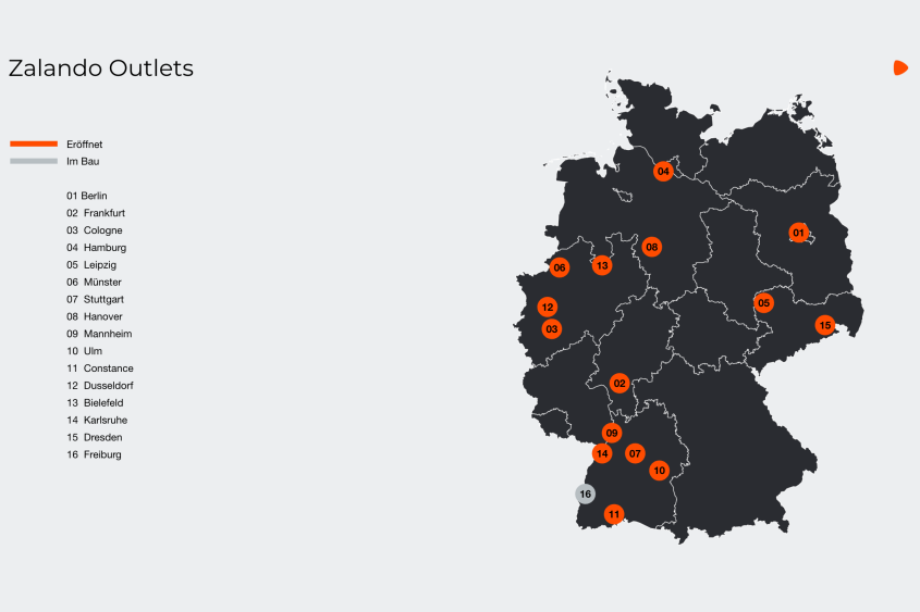 Zalando Outlets Zalando Outlets: Eröffnet: 01 Berlin 02 Frankfurt I 03 Köln 04 Hamburg 05 Leipzig 06 Münster 07 Stuttgart 08 Hannover 09 Mannheim 10 Ulm 11 Konstanz 12 Düsseldorf 13 Bielefeld II 14 Karlsruhe 15 Dresden ; Im Bau: 16 Freiburg