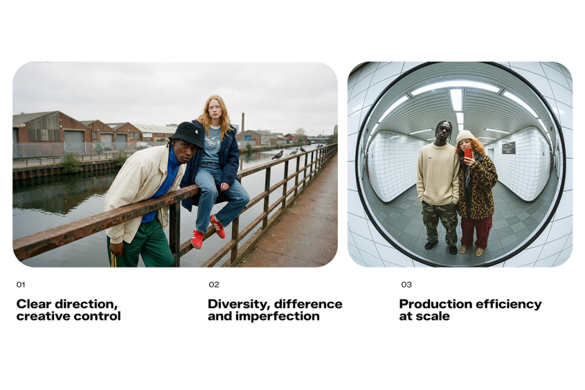 The approach: 1 Clear direction, creative control; 2 Diversity, difference and imperfection; 3 Production efficiency at scale; plus two exemplary fashion shoot images