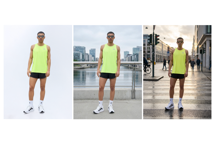 A male athlete in a bright neon top and black running shorts; shown on three different backgrounds: plain white, an urban bridge and a street crossing