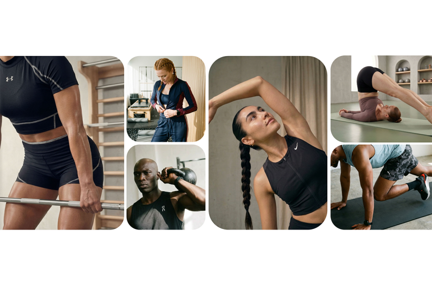 Collage: six images of people working out in a gym setting