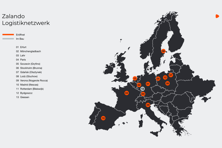 Europakarte mit Zalandos Logistiknetzwerk. Eröffnete Standorte: Erfurt, Mönchengladbach, Lahr, Paris (Moissy-Cramayel), Szczecin (Gryfino), Stockholm (Brunna), Gdansk (Olsztynek), Lodz (Gluchow), Verona (Nogarole Rocca), Madrid (Illescas), Rotterdam (Bleiswijk), Bydgoszcz. Im Bau: Gießen, Montereau-sur-le-Jard