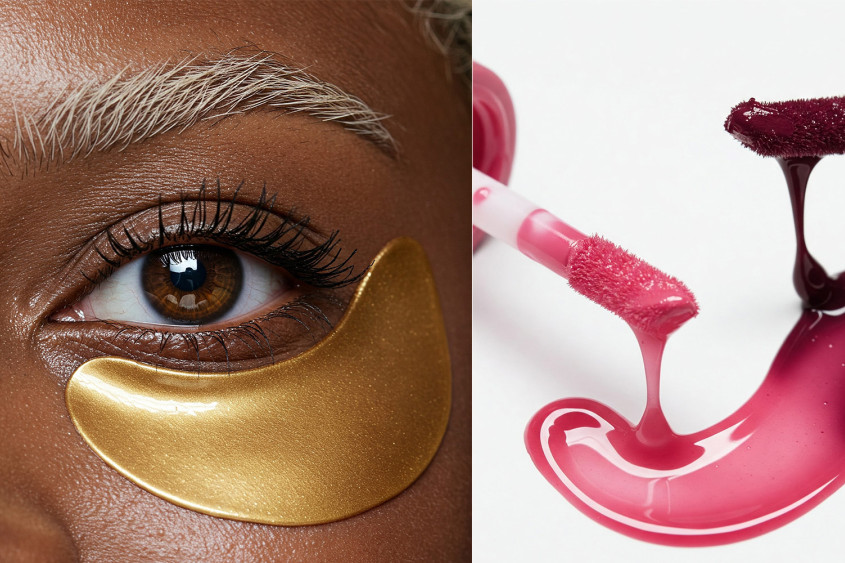Collage; left: Black woman's face with a golden eye patch underneath her eye; right: two luxuriously dripping lipgloss appliers