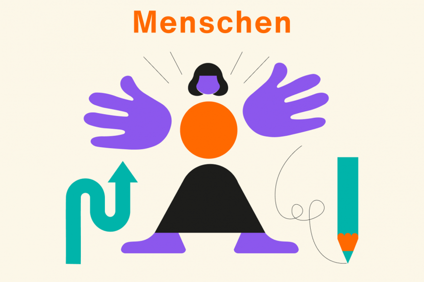 Menschen: Abstrakte Illustration einer Person mit großen Händen, ein Pfeil, ein Bleistift