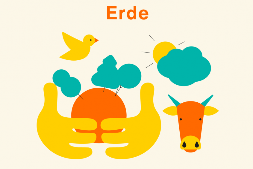 Planet: Abstrakte Illustration von zwei Händen, die eine Weltkugel mit Bäumen halten, ein Vogel, eine Kuh, Sonne und Wolke