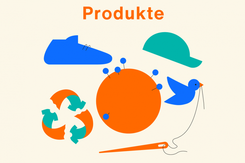 Produkte: Abstrakte Illustration von Schuh und Mütze, ein Nadelkissen, ein Vogel, der einen Faden hält, der in einer Nadel steckt, ein Recyclingzeichen