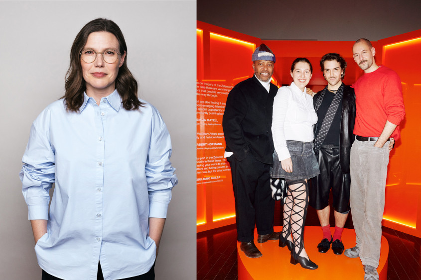 A portrait of Anne Pascual, and a group image of Edward Buchanan, Emma Matell, Giuliano Calza and Herbert Hofmann standing on a Zalando Brandmark-shaped structure