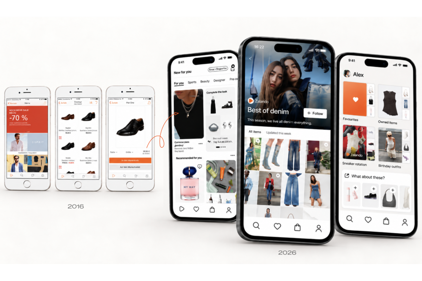 Comparison screenshots of the 2016 and 2026 mobile Zalando website