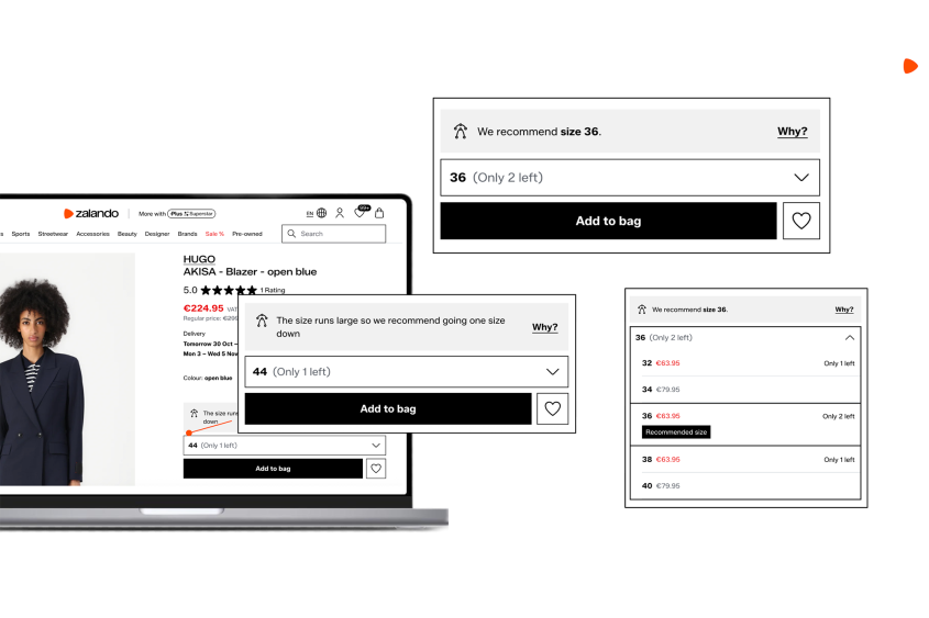 Screenshots showing the Zalando shop size recommendations
