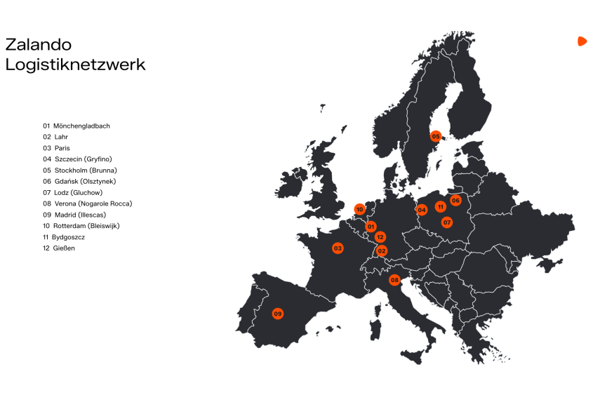 Europakarte mit Zalandos Logistiknetzwerk. Eröffnete Standorte: Erfurt, Mönchengladbach, Lahr, Paris (Moissy-Cramayel), Szczecin (Gryfino), Stockholm (Brunna), Gdansk (Olsztynek), Lodz (Gluchow), Verona (Nogarole Rocca), Madrid (Illescas), Rotterdam (Bleiswijk), Bydgoszcz. Im Bau: Gießen, Montereau-sur-le-Jard