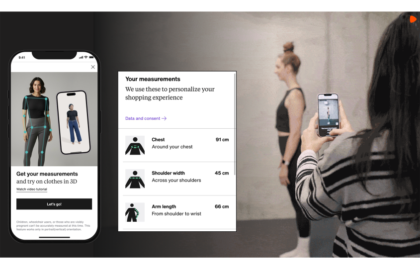 A woman taking a picture of another woman in front of a bare wall; two mobile screens show the Zalando get your measurements assistant