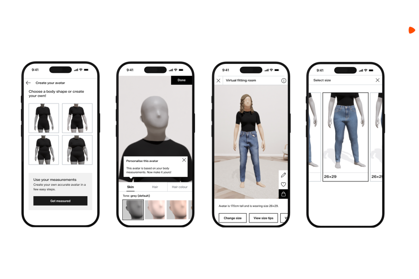 Four mobile screens showing personal avatar creation and the virtual fitting room in the Zalando shop