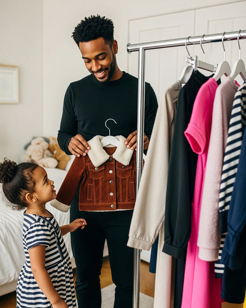 Ein Mann reicht eine kleine Jacke von einer Kleiderstange an ein Mädchen