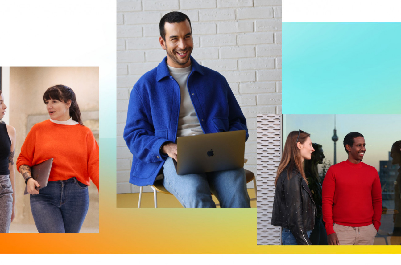 Titelbild des D&amp;I-Reports 2022 von Zalando: Eine Collage aus Fotos von Zalando-Mitarbeiter*innen