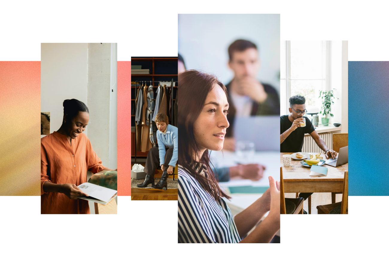 Collage of Zalando consumers; reading a magazine, putting on boots, in discussion, eating at their laptop