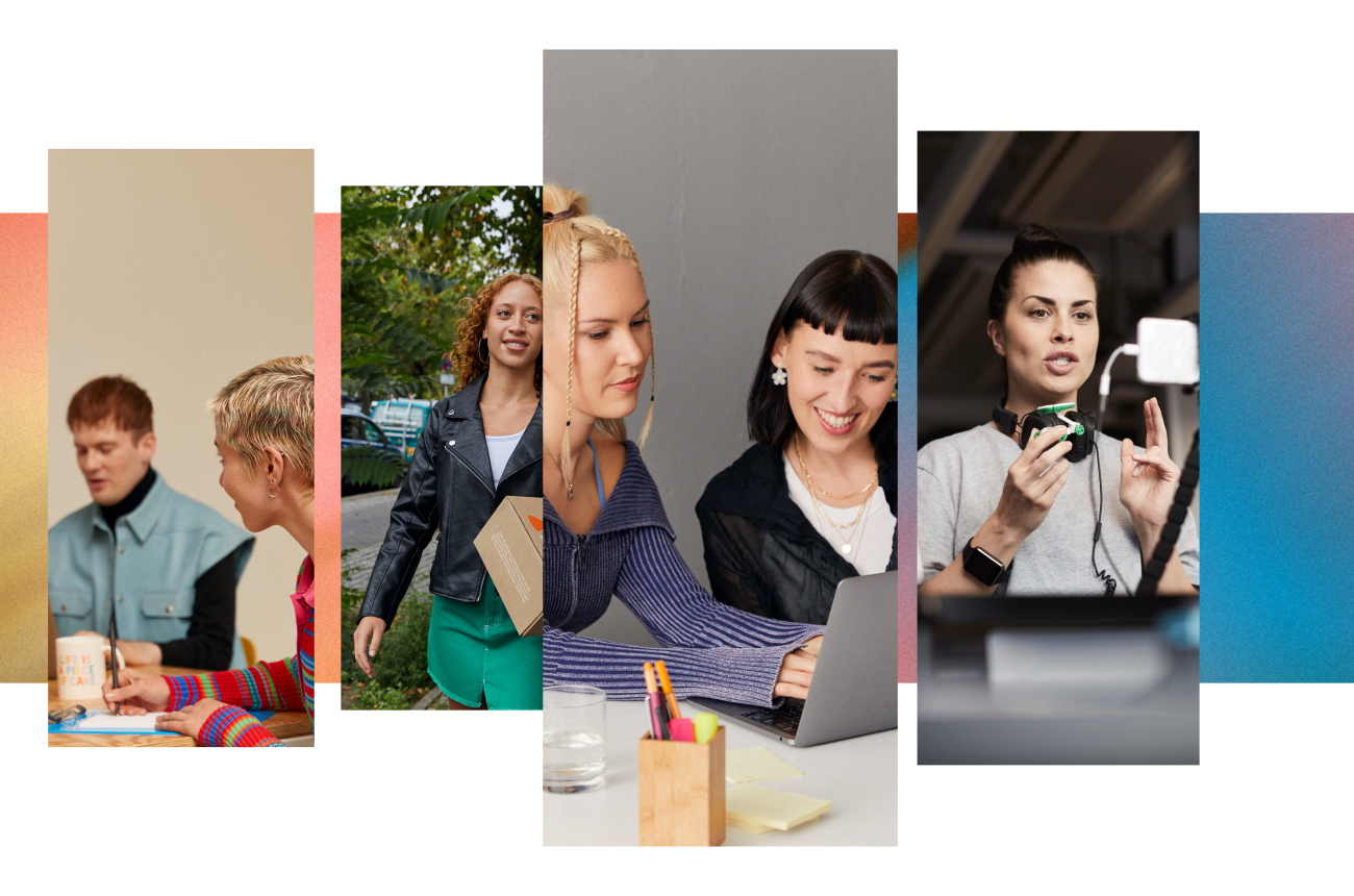 Collage: people during the design stage, someone carrying a Zalando parcel, two women at a laptop, a woman during a recording session