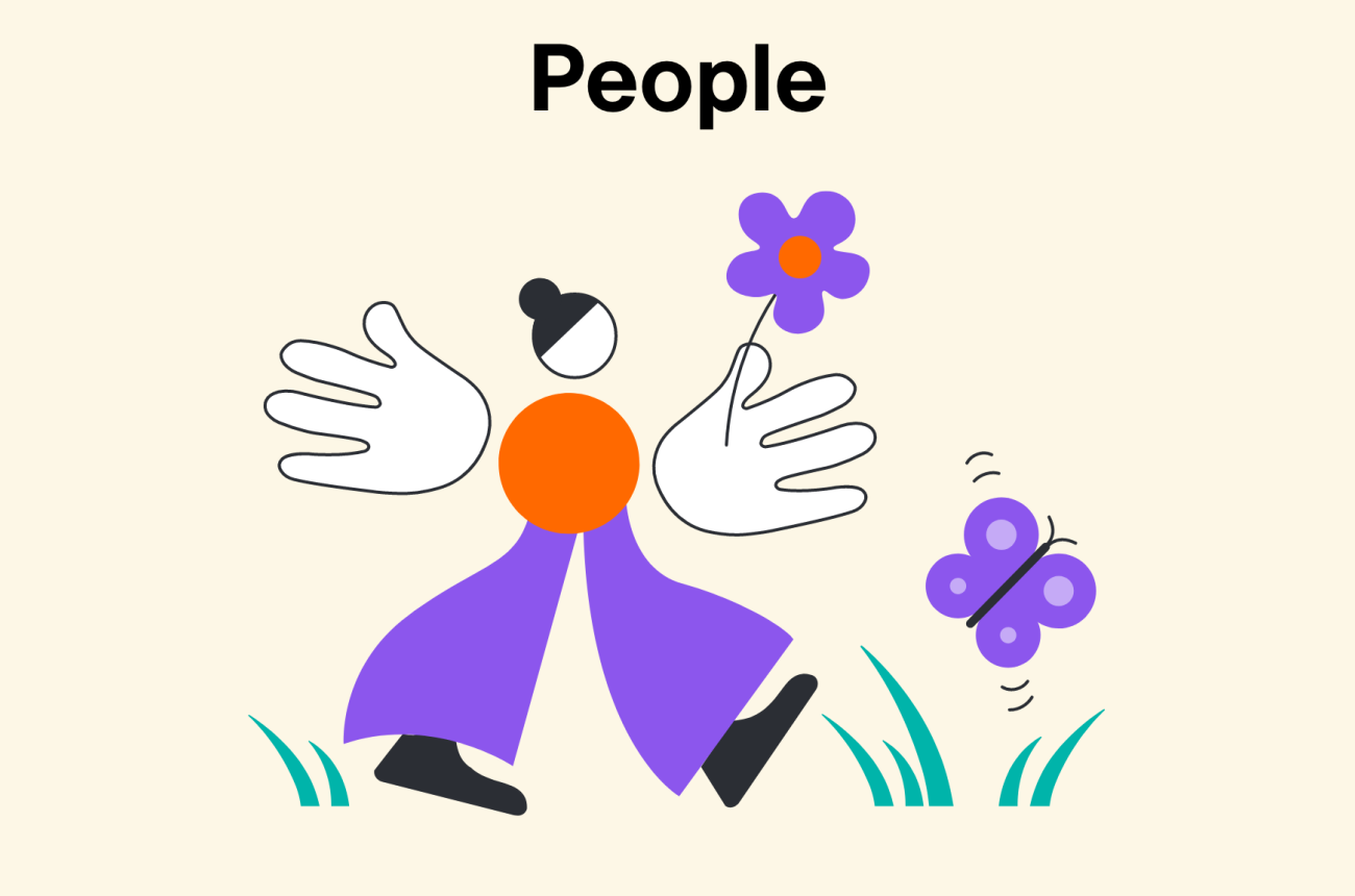 Headline: People; Illustration of a person with a flower in their hands and a Butterfly