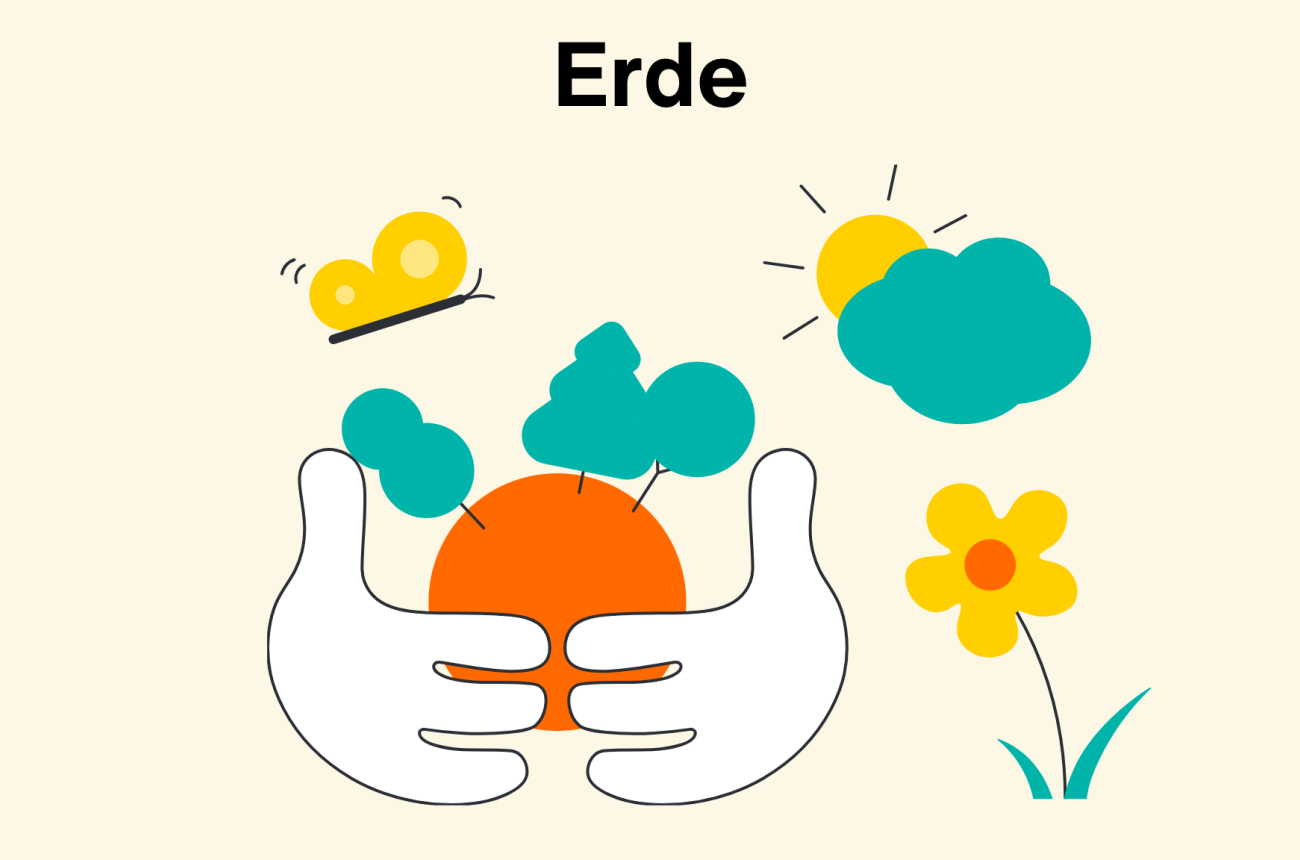 Überschrift: Erde; Illustration zweier Hände, die eine stilisierte Erde halten; daneben Schmetterling, Blume und Sonne