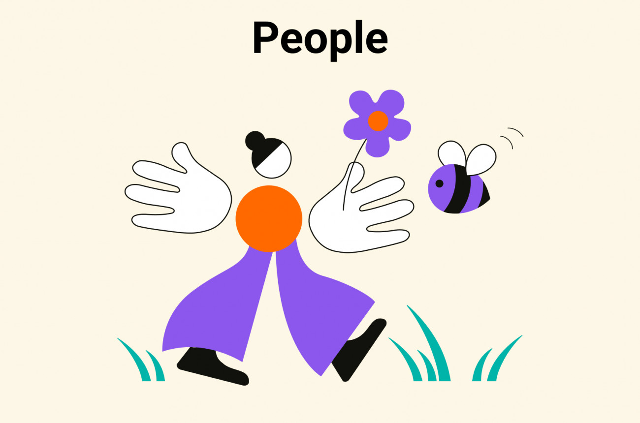 Headline: People; Illustration of a person with a flower in their hands and a bee