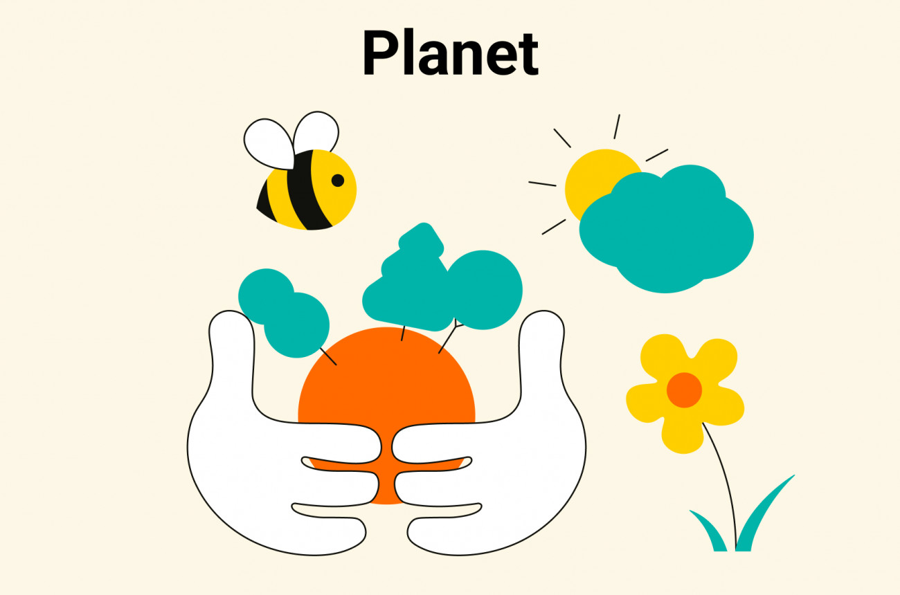 Headline: Planet; Illustration of two hands holding a stylized earth, surrounded by bee, flower, and sun