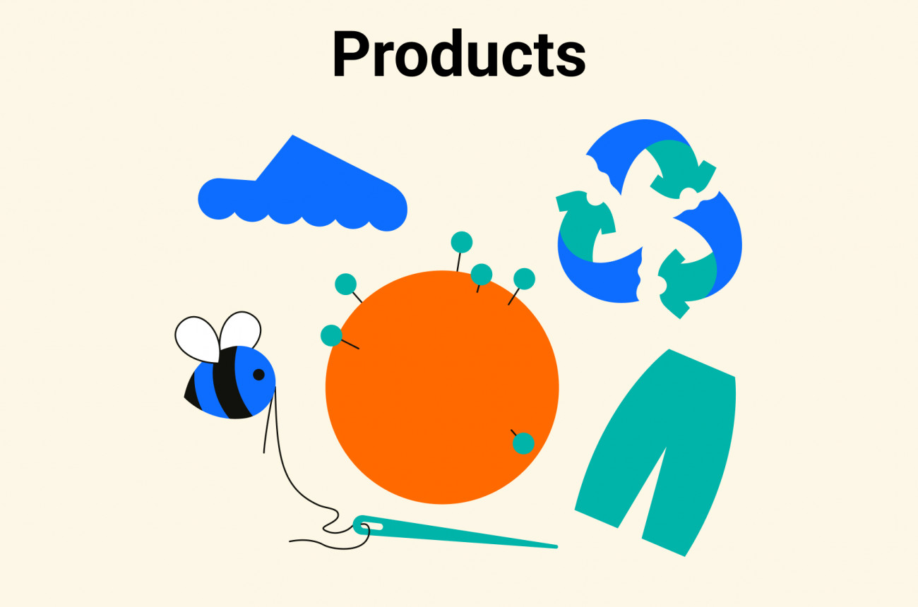 Headline: Products; Illustration of a stylized earth surrounded by a show, trousers, recycling sign and a bee holding needle and thread