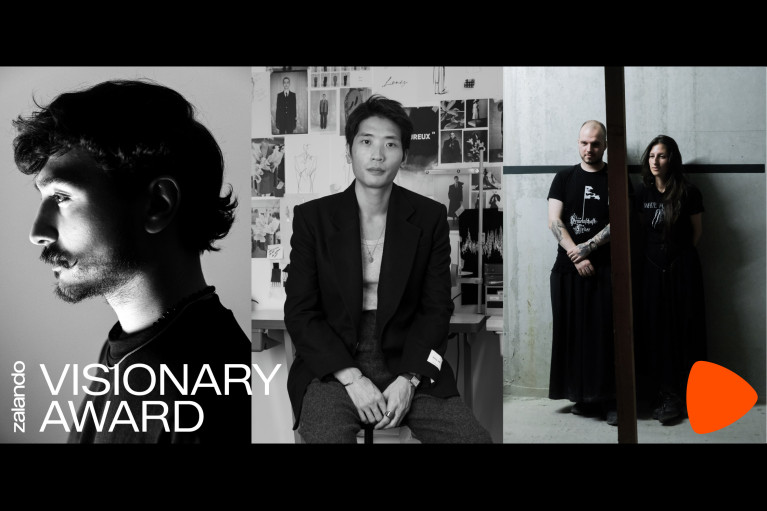 three black and white portraits of the label designers; Zalando Visionary Award