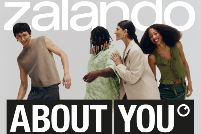 A group of four diverse models; the brand logos of Zalando und About you