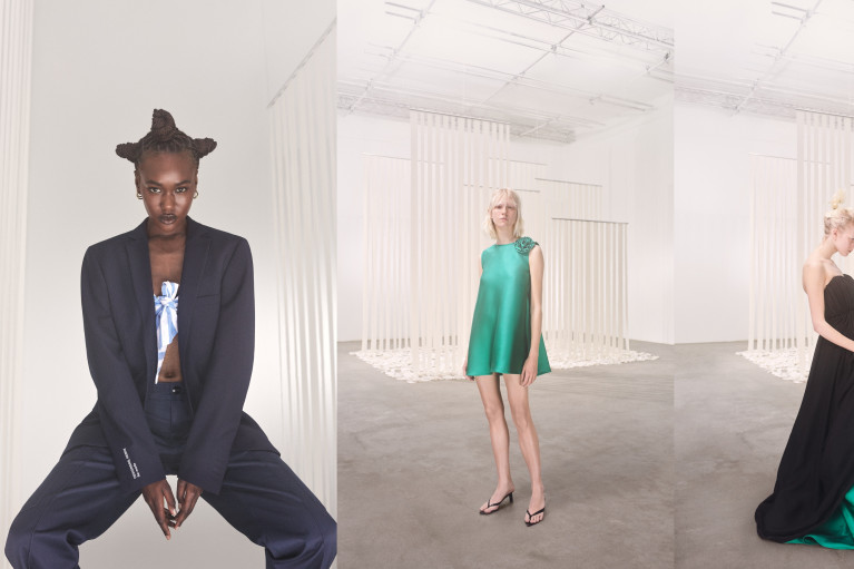 Collage: one fashion model wearing a power suit, one wearing a short green dress, one wearing a long layered dress