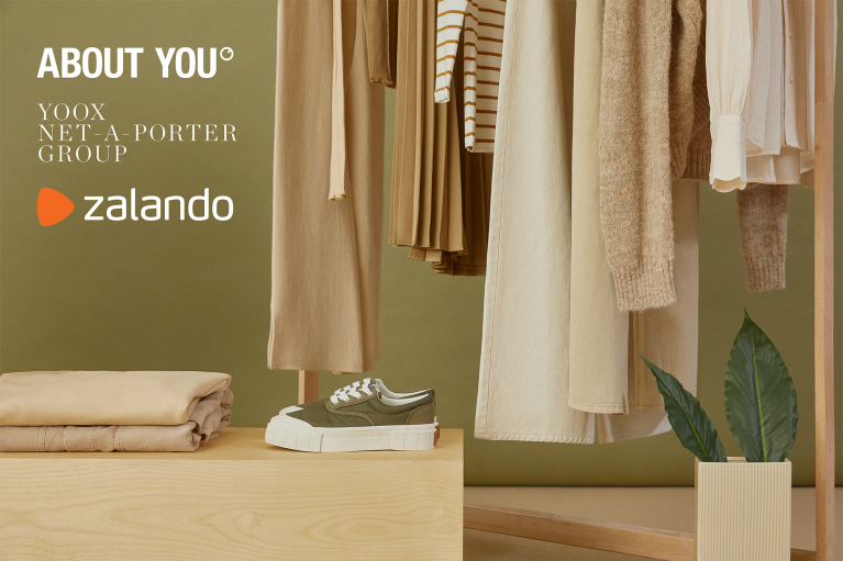 The Logos of Zalando, About you and Net-a-Porter on a background image displaying a wardrobe of all beige garments and a pair of green sneakers