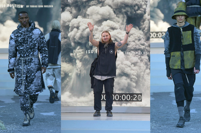 Collage of three images: left and right: male models on the runway; center: award winner waving from the stage