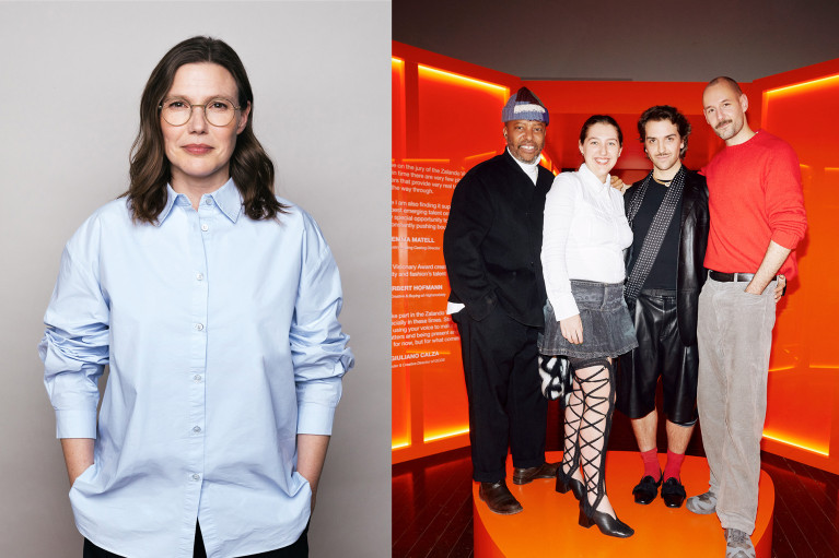 A portrait of Anne Pascual, and a group image of Edward Buchanan, Emma Matell, Giuliano Calza and Herbert Hofmann standing on a Zalando Brandmark-shaped structure