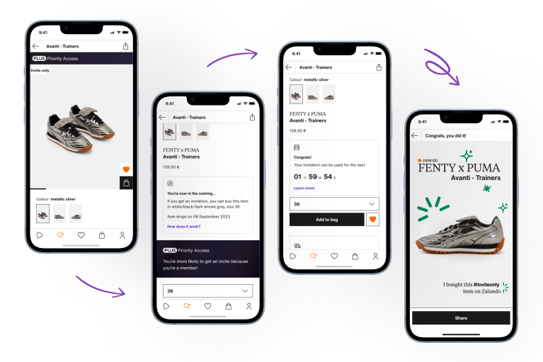 The image shows Zalando's new invite-only shopping experience in four different phone screens. From the product detail page, to signing up for an invite, to receiving it and buying the sneaker, the whole process is displayed.