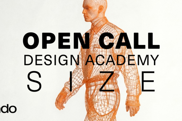 orange colored grid view of a human being in front of a gray and white gradient background. The text in front of the person says: open call design academy size, Zalando, VORN.