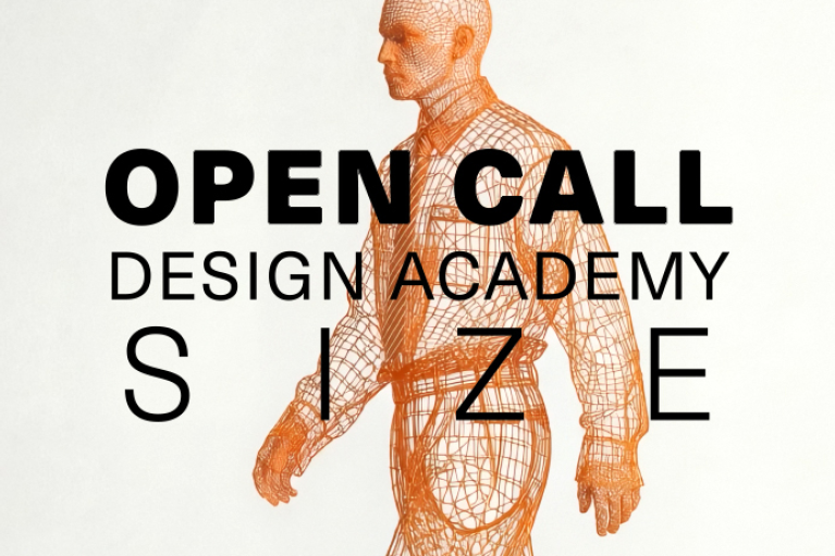 orange colored grid view of a human being in front of a gray and white gradient background. The text in front of the person says: open call design academy size, Zalando, VORN.